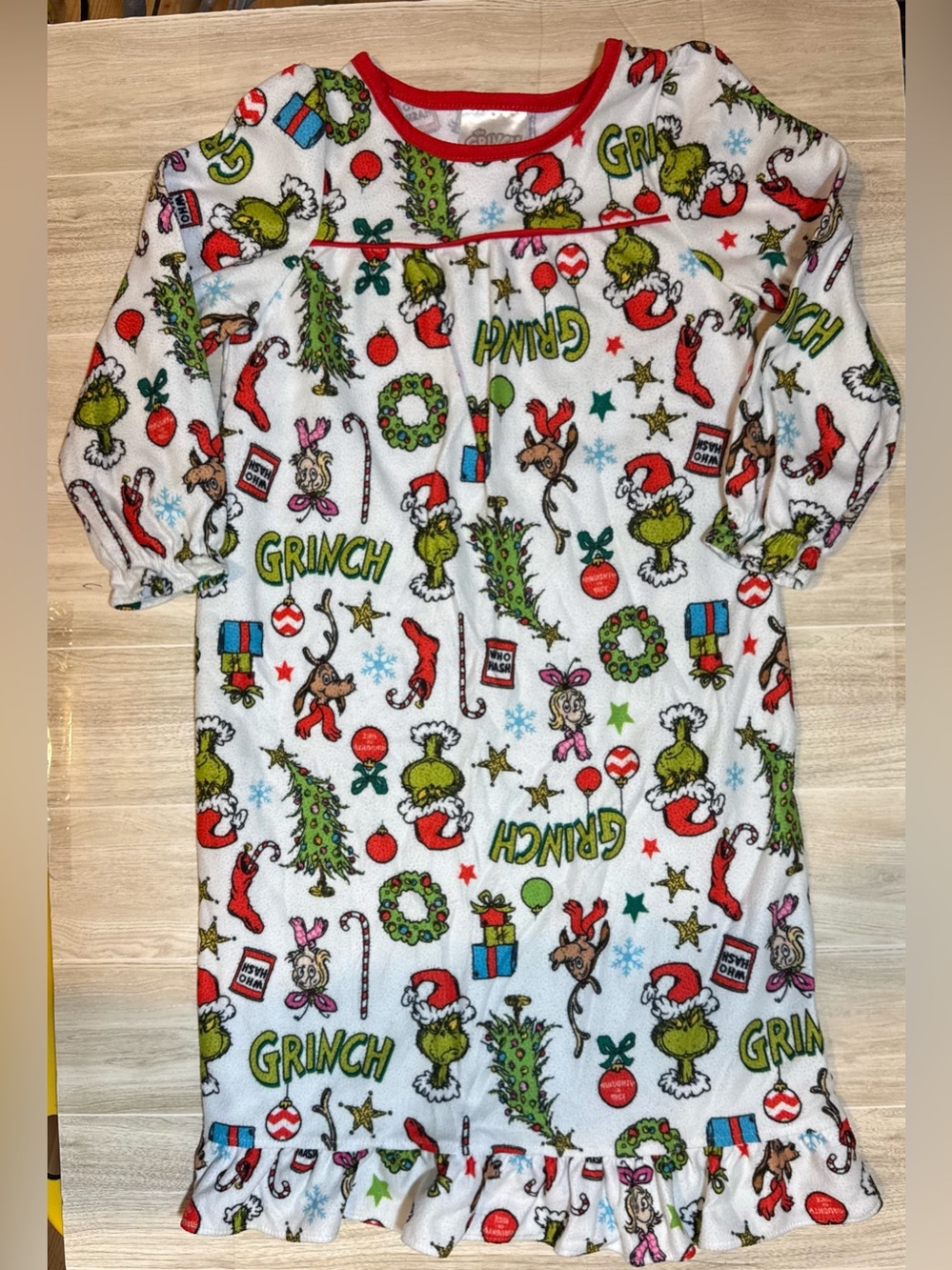 Kids' Grinch Holiday Nightgown — White with Red & Green